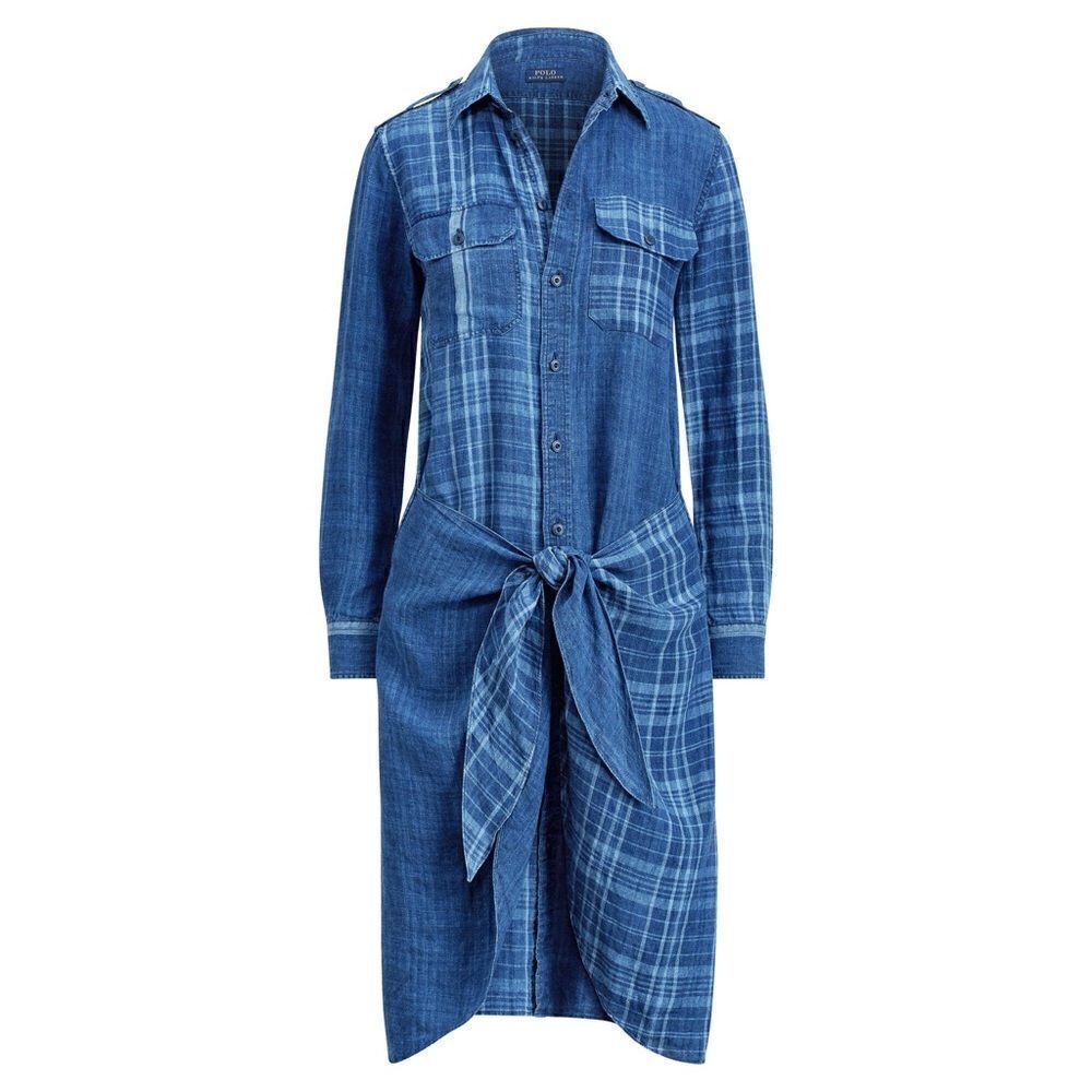 Polo Ralph Lauren Indigo Dyed Blue Plaid Linen Tie Front Sarong Shirt Dress